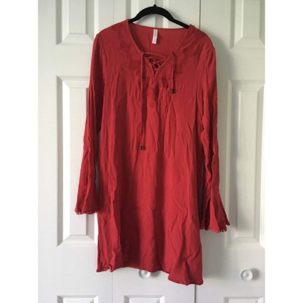 Long Sleeve Red Bell Sleeve Dress